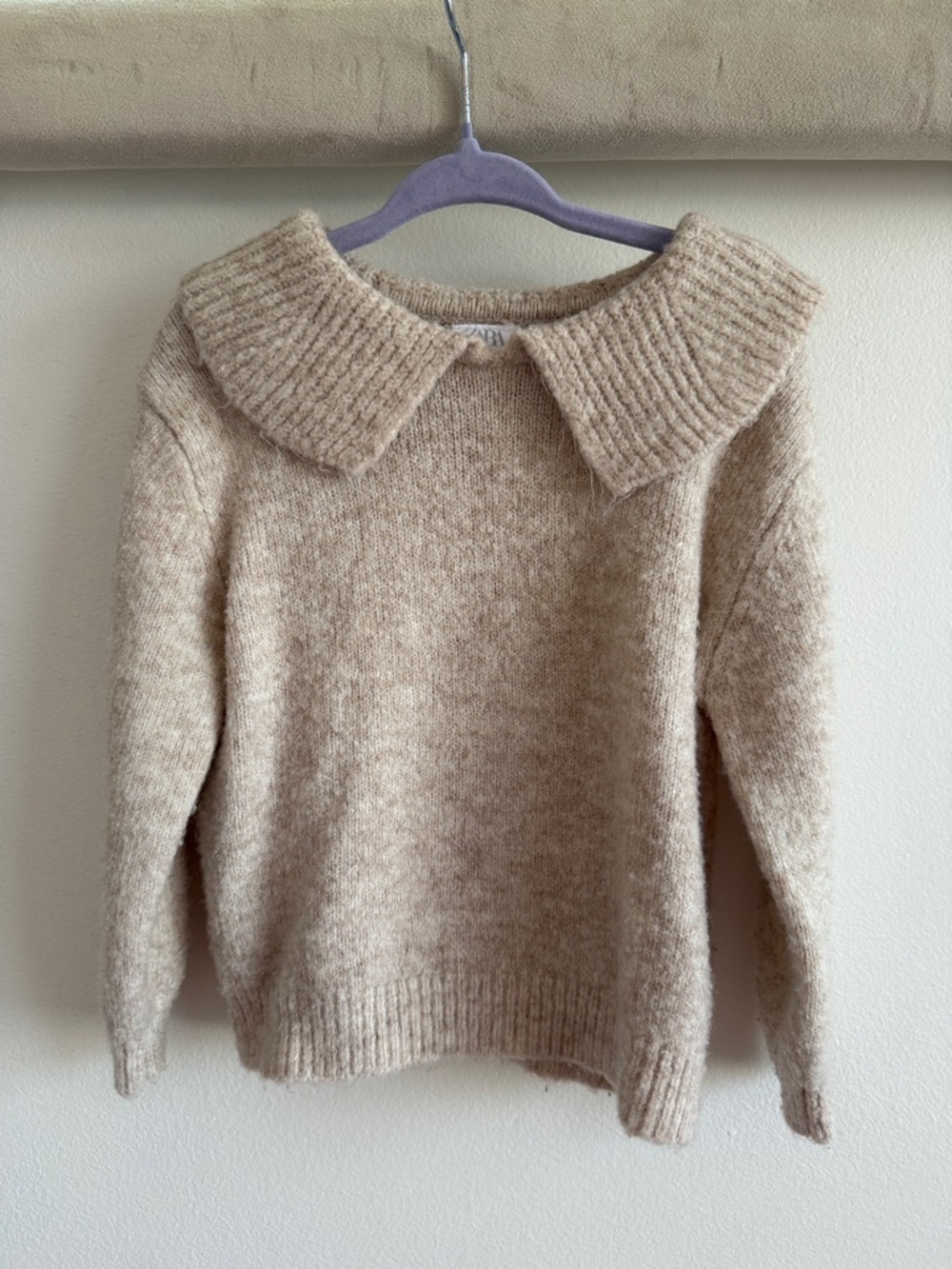 Zara Cream Knit Sweater with Wide Ribbed Collar